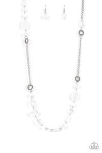 Infused with textured silver rings, a collection of glassy, faceted and acrylic white beads adorn ssections of silver chain that drape across the collar for a prismatic pop of color. Features an adjustable clasp closure.