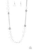 Infused with textured silver rings, a collection of glassy, faceted and acrylic white beads adorn ssections of silver chain that drape across the collar for a prismatic pop of color. Features an adjustable clasp closure.