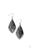 A faceted hematite gem is pressed into a studded silver fitting that is dipped in dainty white rhinestones, resulting in an edgy sparkle. Earring attaches to a standard fishhook fitting.