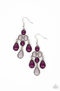 Encased in sleek silver fittings, tiers of oval and teardrop plum and Ultimate Gray beads cascade from the ear, coalescing into a flirty chandelier. Earring attaches to a standard fishhook fitting.