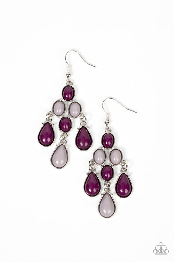 Encased in sleek silver fittings, tiers of oval and teardrop plum and Ultimate Gray beads cascade from the ear, coalescing into a flirty chandelier. Earring attaches to a standard fishhook fitting.