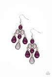 Encased in sleek silver fittings, tiers of oval and teardrop plum and Ultimate Gray beads cascade from the ear, coalescing into a flirty chandelier. Earring attaches to a standard fishhook fitting.