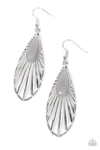 Reminiscent of a butterfly wing, shiny silver bars flare out from an opaque gray teardrop bead and delicately connect into a whimsical frame. Earring attaches to a standard fishhook fittin