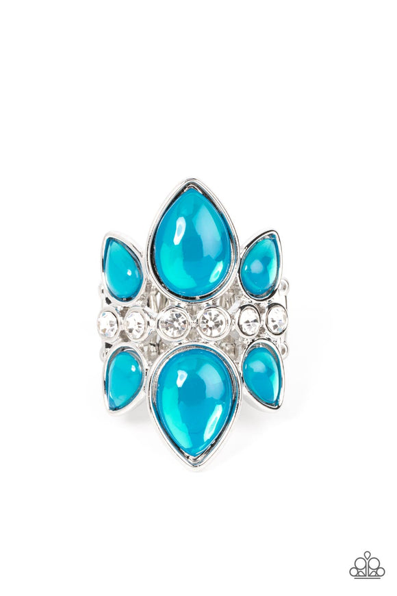 Crowns of glassy blue teardrop beads fan out from a center of glassy white rhinestones, coalescing into an ethereal centerpiece atop the finger. Features a stretchy band for a flexible fit.