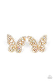 Bordered in dainty white rhinestones, emerald cut iridescent rhinestones sparkle inside the gold wings of a butterfly for an enchanting fashion. Earring attaches to a standard post fitting.