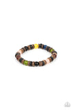 Glassy multicolored stone beads join trios of black and brown wooden discs along stretchy bands around the wrist, resulting in an earthy pop of color.