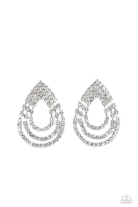 Loops of glassy white rhinestones ripple out from the bottom of a stationary triangular fitting that is dotted in glittery white rhinestones, resulting in a timeless teardrop chandelier. Earring attaches to a standard post fitting.