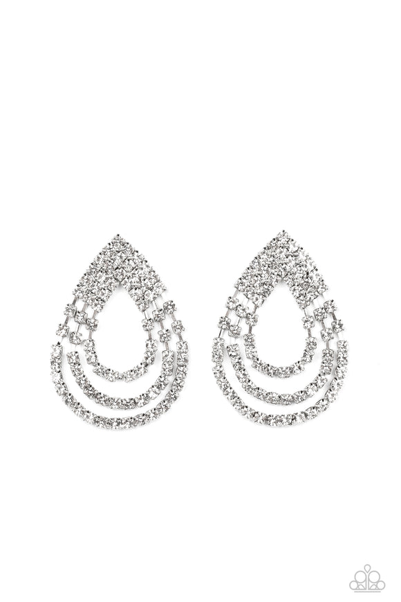 Loops of glassy white rhinestones ripple out from the bottom of a stationary triangular fitting that is dotted in glittery white rhinestones, resulting in a timeless teardrop chandelier. Earring attaches to a standard post fitting.