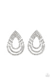 Loops of glassy white rhinestones ripple out from the bottom of a stationary triangular fitting that is dotted in glittery white rhinestones, resulting in a timeless teardrop chandelier. Earring attaches to a standard post fitting.