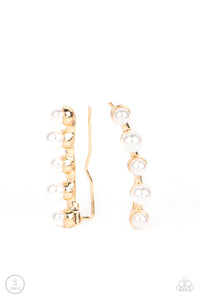 A bubbly row of white pearls dots a shiny gold bar that delicately climbs the ear. Features an extended post fitting that climbs the back of the ear and can be pressed together for a more secure fit.