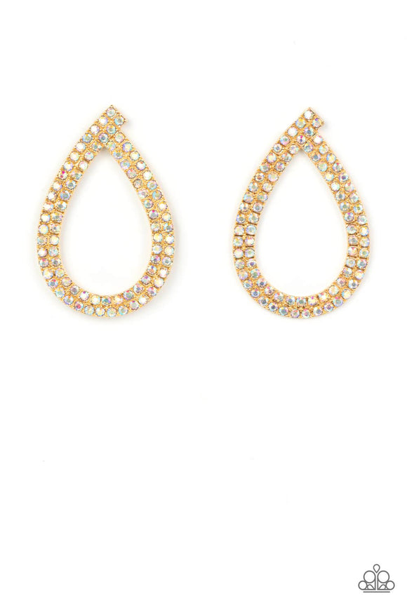 Glitzy ribbons of dainty iridescent rhinestones delicately swoop into a stellar teardrop frame, resulting in a sultry sparkle. Due to its prismatic palette, color may vary. Earring attaches to a standard post fitting.