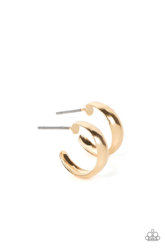 Featuring a high-sheen, a slightly flared smooth gold bar curves into a dainty hoop resulting in a basic staple piece perfect for layering. Earring attaches to a standard post fitting. Hoop measures approximately 1/2