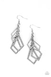 Hammered trapezoidal silver frames trickle from a dainty silver chain, cascading into an edgy geometric tassel. Earring attaches to a standard fishhook fitting.  Sold as one pair of earrin