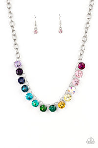 Set in bold silver fittings, a rainbow of oversized multicolored rhinestones sparkles below the collar for an out-of-this-world statement. Features an adjustable clasp closure.