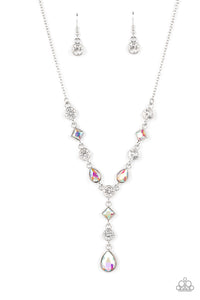 Brilliant white round-cut rhinestones alternate between diamonds and teardrops with an iridescent finish, creating an elegant lariat fit for royalty. Due to its prismatic palette, color may vary. Features an adjustable clasp closure.