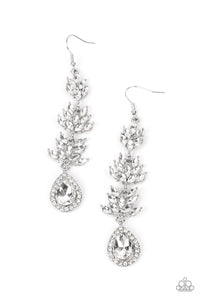 Modeled after water-lilies, marquise-cut reflective white petals form a water-lily shape in three expanding frames. Dangling under the watery shapes, a reflective white teardrop encrusted with white rhinestones ripples for a whimsical finish. Earring attaches to a standard fishhook fitting.