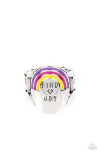 A silver oval disc is stamped with the phrase "Find Joy", as a tiny heart outline separates the two words. Colorful bands of Pink Peacock, Samoan Sun, and purple curve above the phrase, creating three arcs of a rainbow in an empowering finish. Features a stretchy band for a flexible fit.