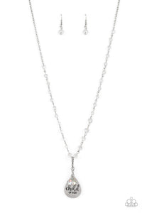 Infused with clear beads, a classic silver chain holds up a textured curved silver ring. A hammered silver teardrop and glassy acrylic teardrop dangle below the curved ring for eye-catching movement. The phrase "child of God" is stamped across the hammered teardrop for a virtuous finish. Features an adjustable clasp closure.