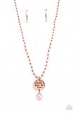 Infused along an invisible wire, copper beads and reflective pink, faceted beads glide down the chest in a shimmery style. Hanging from the bottom of the beads, a burnished copper disc is stamped with the phrase "God has a plan for YOU" with a reflective pink, faceted teardrop bead adding additional swing to the divine design. Features an adjustable clasp closure.