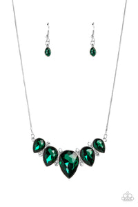 Featuring a dramatic emerald shade, a collection of teardrop gems hanging from a sleek, silver snake chain, are pressed into high-sheen silver casings, creating a colorful fringe below the collar. Linking each teardrop together, dainty white rhinestones border the tops and bottoms of each shape, creating additional eye-catching dazzle. Features an adjustable clasp closure.