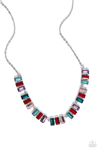 Featuring pronged frames of three, emerald-cut bars splashed in glassy blue, red, purple, and pink hues collect along a dainty silver chain down the neckline for a refined pop of color. Features an adjustable clasp closure.  Sold as one individual necklace. Includes one pair of matching earring