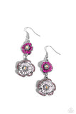 Dotted with dainty pink iridescent gem centers and pink rhinestone details, intricate 3D silver flowers, adorned in Rose Violet, and baby pink shades, link into a whimsical, glitzy lure. Earring attaches to a standard fishhook fitting. Due to its prismatic palette, color may vary.