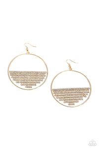 A curtain of white rhinestones is stretched between the edges of a skinny, oversized gold hoop, creating a shimmering display. The rhinestones taper towards the center as they sway and cascade, adding sparkly movement for a fierce industrial finish. Earring attaches to a standard fishhook fitting.