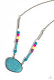 A collection of multicolored clay discs and silver accents are infused along an invisible string that connects to a classic silver chain. A turquoise stone in a studded silver frame dangles from the colorful strand for an earthy finish. Features an adjustable clasp closure. As the stone elements in this piece are natural, some color variation is normal.  Sold as one individual necklace. Includes one pair of matching earrings.