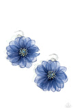 A duo of asymmetrical silver hoops link as they tumble from the ear, coalescing into an abstract lure. Attached to the bottom of the elongated display, oversized navy chiffon petals bloom around oil spill-tinted beads, creating a fantastical floral frenzy. Earring attaches to a standard post fitting. Hoop measures approximately 1" in diameter.